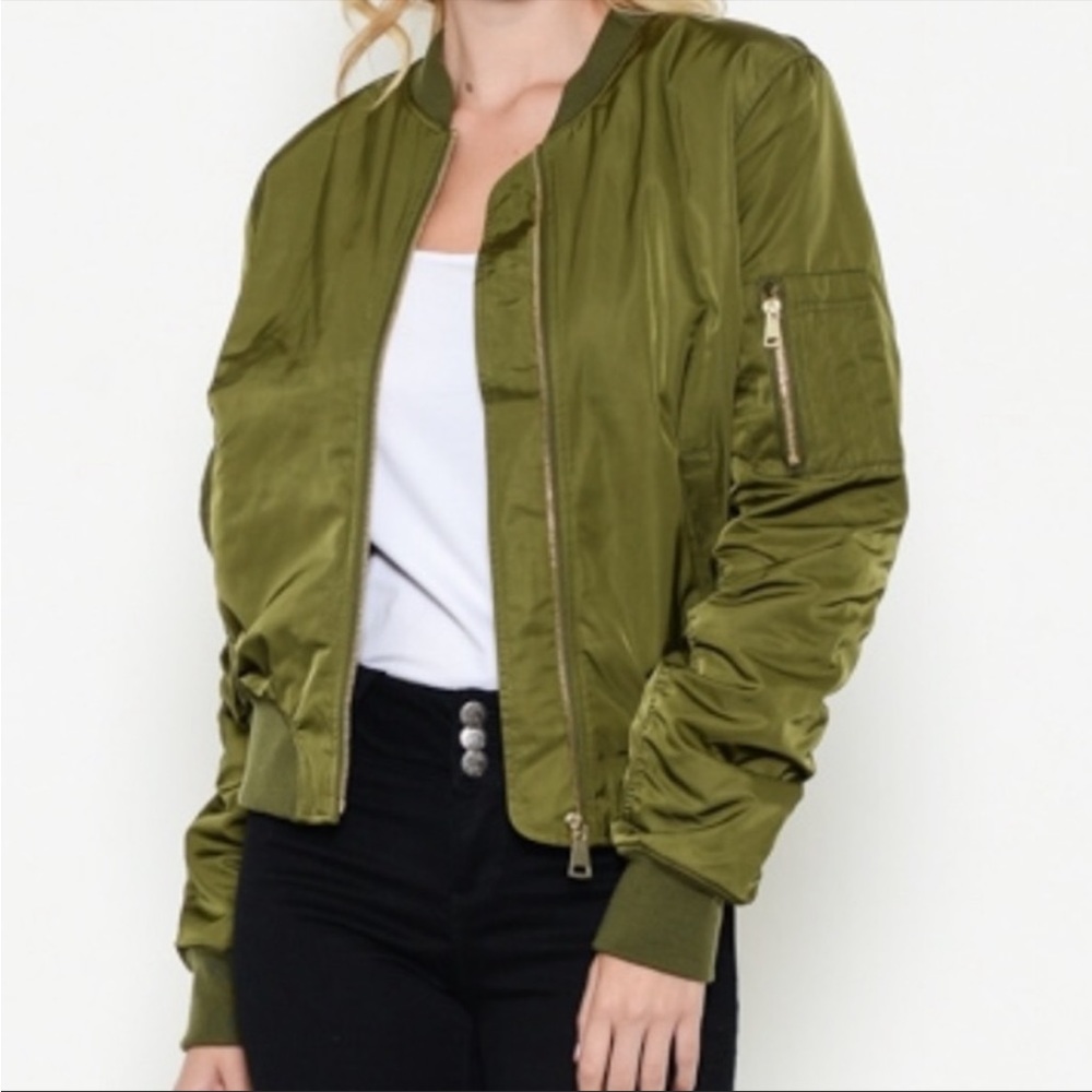 Heart & Hips Size Medium Olive Green Bomber Jacket with Gold Accents